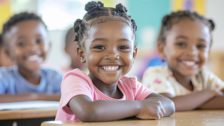 A girl smiling brightly in a Himbaza classroom, with other children beside her.