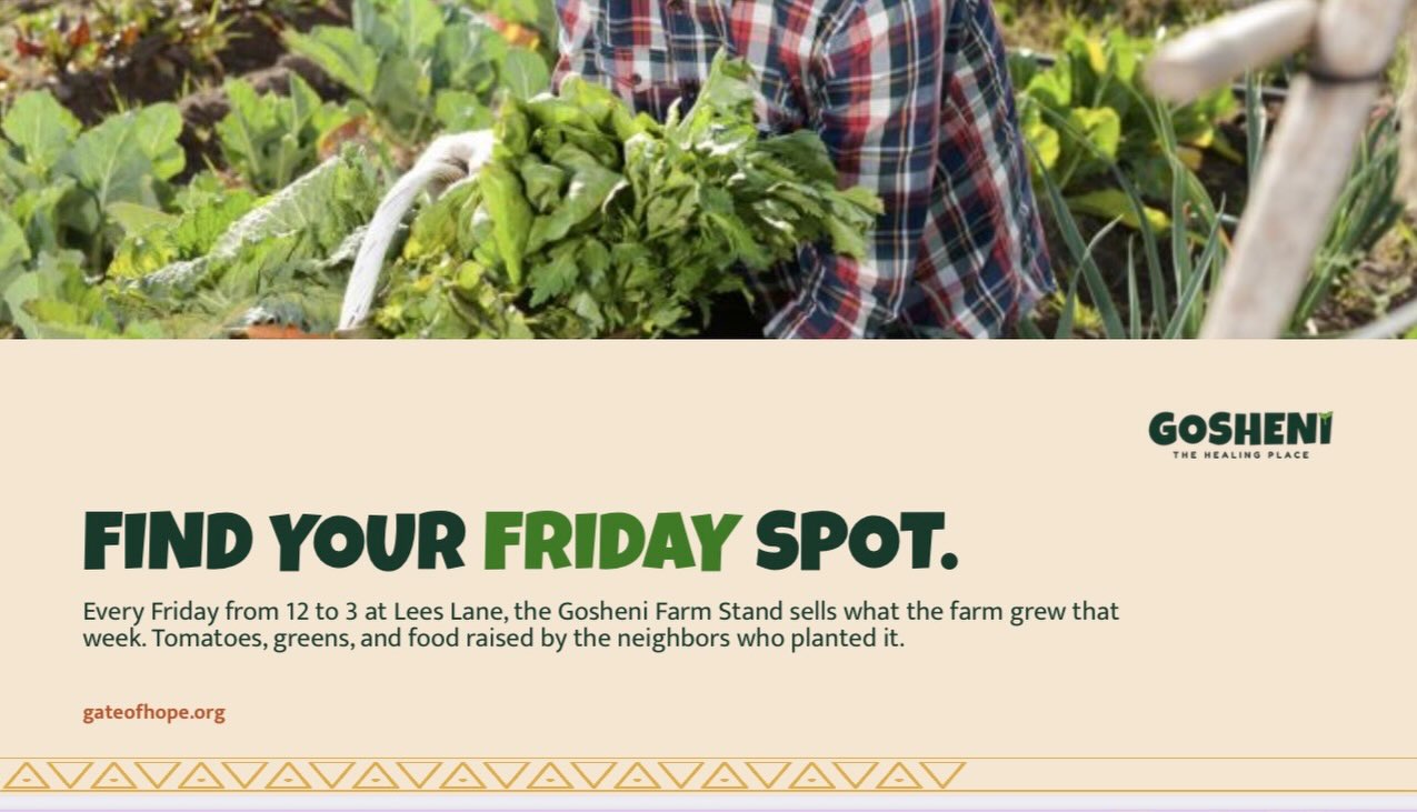 There is something steady about a Friday at the Farm Stand.

Neighbors come by for tomatoes and greens. Kids point at the crates. Someone always leaves with a little more than they planned. This is what food security looks like up close. Not a statistic, but a table where everyone is welcome.

Every Friday through the season we are set up from 12 to 3 at 3309 Lees Lane in Shively.

Come find your Friday spot this week. 
gateofhope.org/gosheni

#GosheniFarm #FarmStand #Shively #Louisville #EatLocal FoodSecurity GateOfHope