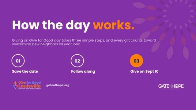 Curious how Give for Good Louisville actually works?

On September 10, the whole city gives together in one coordinated day. Your gift to Gate of Hope goes straight to welcoming new neighbors, and giving alongside thousands of others makes each gift go further.

We will walk you through exactly how and when to give as the day gets closer. For now, save the date and follow along.

gateofhope.org

#GiveForGoodLou #Louisville #LouisvilleNonprofit #GateOfHope #NewNeighbors