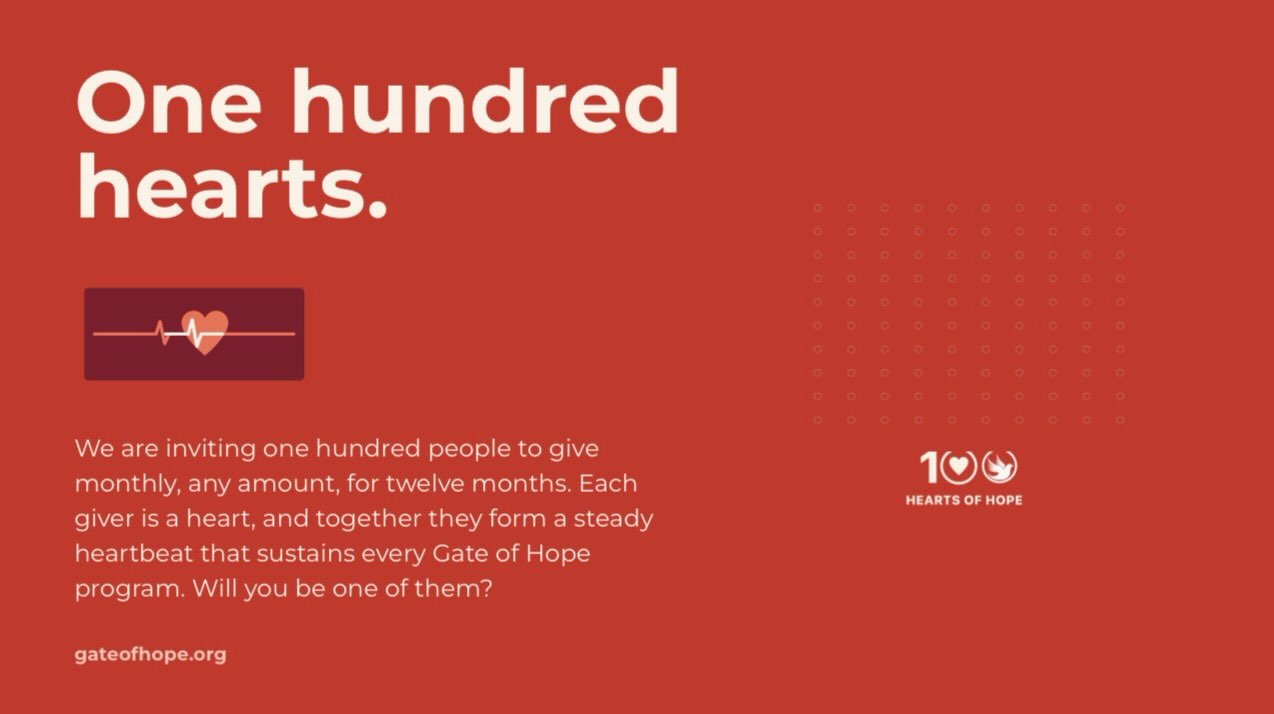 One hundred hearts. That is the number we are believing for.

Hearts of Hope is our community of monthly givers, neighbors who show up steady, month after month, so that welcome is never in question for a family finding their footing in Louisville. A recurring gift is quiet and faithful. It is the kind of love that builds something lasting.

We are inviting one hundred people to join. Will you be one of them?

Become a monthly giver. gateofhope.org/hearts

#HeartsOfHope #GateOfHope #Louisville #LouisvilleNonprofit #NewNeighbors MonthlyGiving