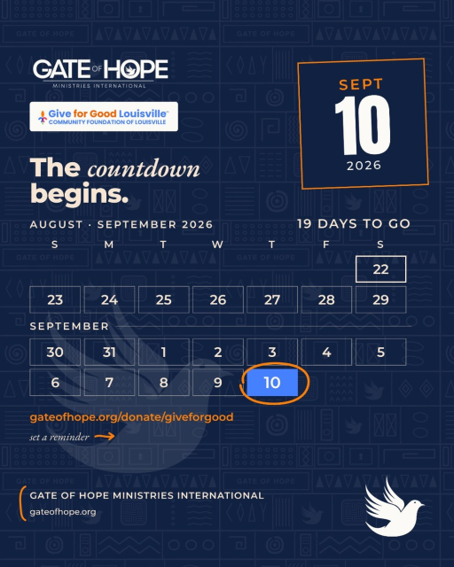 The countdown is on. Give for Good Louisville is less than three weeks away, and Gate of Hope is ready. On September 10, your gift joins thousands of others in one big day of welcome for our new neighbors. Set a reminder now so the day does not slip past. Details are linked in our bio. #GiveForGoodLou #Louisville #LouisvilleNonprofit #GateOfHope #NewNeighbors #CommunityGiving