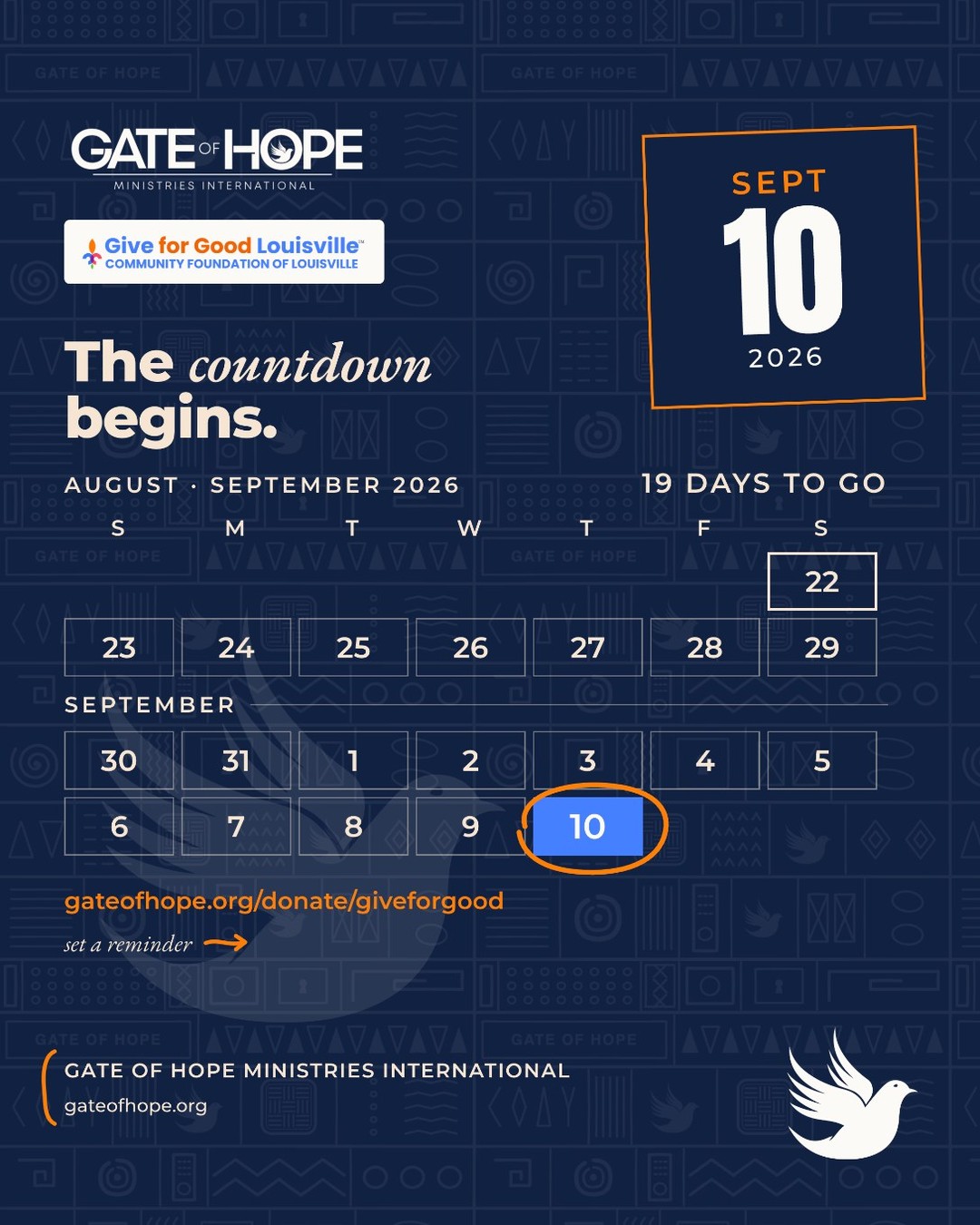 The countdown is on. Give for Good Louisville is less than three weeks away, and Gate of Hope is ready. On September 10, your gift joins thousands of others in one big day of welcome for our new neighbors. Set a reminder now so the day does not slip past. Details are linked in our bio. #GiveForGoodLou #Louisville #LouisvilleNonprofit #GateOfHope #NewNeighbors #CommunityGiving