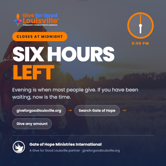 Six hours left on Give for Good Louisville. Evening is when most people give. If you have been waiting, now is the time. 

Here is how to give to Gate of Hope right now: 
1. Go to giveforgoodlouisville.org 
2. Search: Gate of Hope Ministries International 
3. Give any amount 
4. Your gift is done Every gift made today through the Community Foundation of Louisville counts toward matching dollars and community prizes for Gate of Hope. 

More donors means more prize eligibility. Every amount matters. 

We are asking plainly: give tonight if you have not. Share this post if you have. Text it to someone who knows Gate of Hope and has not heard about today yet. A farm in Southwest Louisville. A circle of women who meet every week. Decades of showing up. That is what your gift goes toward. 

Direct link in our bio at gateofhope.org/donate/giveforgood 

#GiveForGoodLouisville #GiveForGoodLou #GateofHope #LoveLouisville #GiveLocal