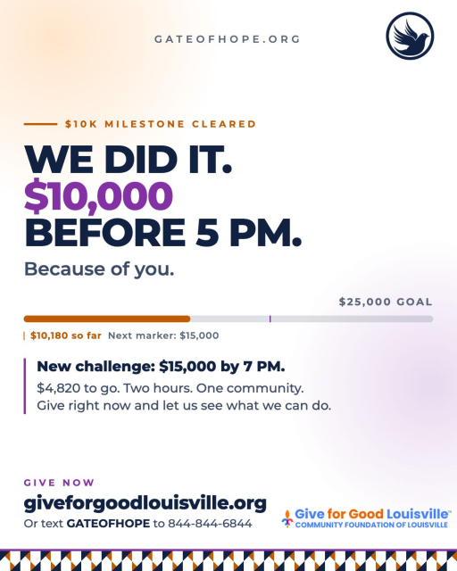 We did it. $10,000 before 5 PM because of you.

$10,180 raised and this community is on fire today. Thank you to everyone who gave, shared, and showed up. You made that happen.

But we are not done yet.

New challenge: can we hit $15,000 by 7 PM?

$4,820 stands between us and the halfway mark to our $25,000 goal. Two hours. One community. One chance to show the city what Gate of Hope is made of.

Give right now and let us see what we can do together.

Give now:
giveforgoodlouisville.org/organization/gate-of-hope-ministries-international-inc

Or text GATEOFHOPE to 844-844-6844. Takes less than a minute.

#GiveForGoodLouisville #GiveForGoodLou #WhyIGive #GateofHope #LoveLouisville