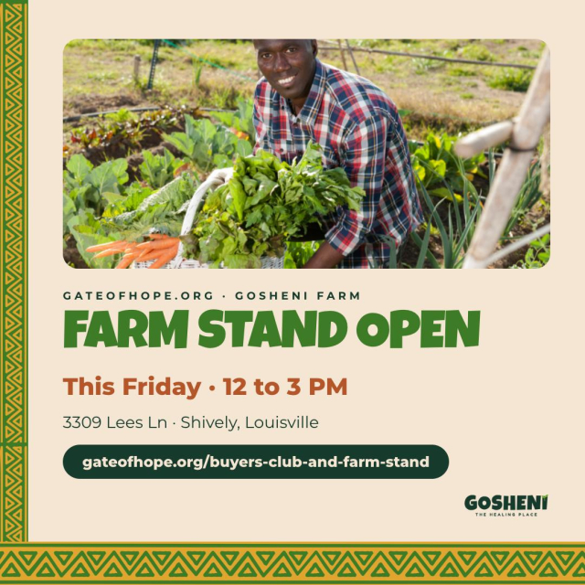 The Farm Stand is open this Friday. Come out to Gosheni Farm in Shively (12 to 3 PM) for fresh produce grown right here in Louisville by our community of new neighbors. Every visit supports the farmers and the land that sustains them. See you at 3309 Lees Ln. → https://gateofhope.org/buyers-club-and-farm-stand/ #GosheniFarm #LouisvilleFarmers #ShivelyLouisville #FarmStand #GateOfHope #KentuckyProud