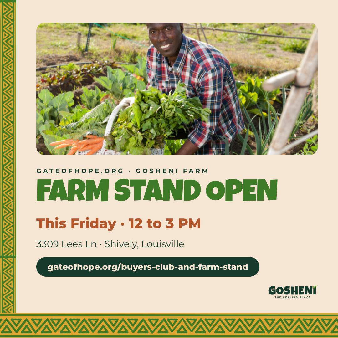 The Farm Stand is open this Friday. Come out to Gosheni Farm in Shively (12 to 3 PM) for fresh produce grown right here in Louisville by our community of new neighbors. Every visit supports the farmers and the land that sustains them. See you at 3309 Lees Ln. → https://gateofhope.org/buyers-club-and-farm-stand/ #GosheniFarm #LouisvilleFarmers #ShivelyLouisville #FarmStand #GateOfHope #KentuckyProud