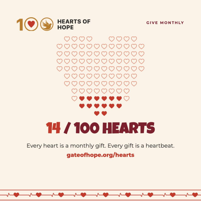 14 hearts in. 86 to go. Every month, a growing circle of people chooses to show up for Gate of Hope, not once but faithfully. That's what Hearts of Hope is. 100 monthly givers, each one a steady heartbeat behind the work. 14 of you are already in. We're building toward 100. "You are no longer strangers and foreigners, but fellow citizens." Ephesians 2:19 Join the heartbeat at gateofhope.org/hearts #HeartsOfHope #GateOfHope #MonthlyGiving #Louisville #EastAfrican #NewNeighbors